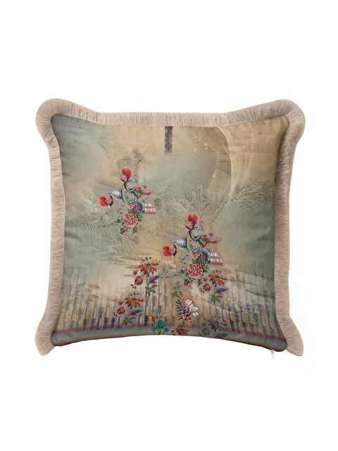 Milbay Grup Zarif Kuş Motifli Saçaklı Yastık Kılıfı - Vintage Doğa Esintili Krem Bohem Püsküllü Kırlent Kılıfı