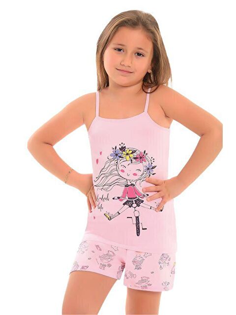 Little Frog Kids Pamuklu İnce Askılı Desenli Şortlu Kız Çocuk Pijama Takım - S000074079-20024