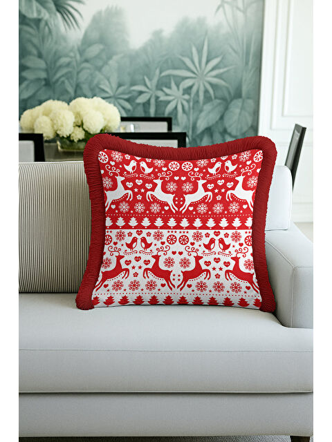 Milbay Grup Nordik Kış Motifli Saçaklı Yastık Kılıfı - Yeni Yıl Temalı Kırmızı Beyaz Püsküllü Kırlent Kılıfı