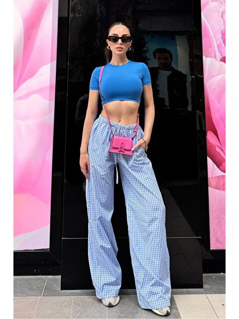 Madmext Mavi Beli Ayarlanabilir Ekoseli Bol Paça Kadın Pantolon Mg2335 - S000350645-17234