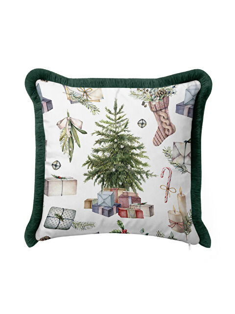 Milbay Grup Lüks Yeni Yıl Temalı Saçaklı Yastık Kılıfı - Hediye Çam Ağacı Rustik Yeşil Püsküllü Kırlent Kılıfı