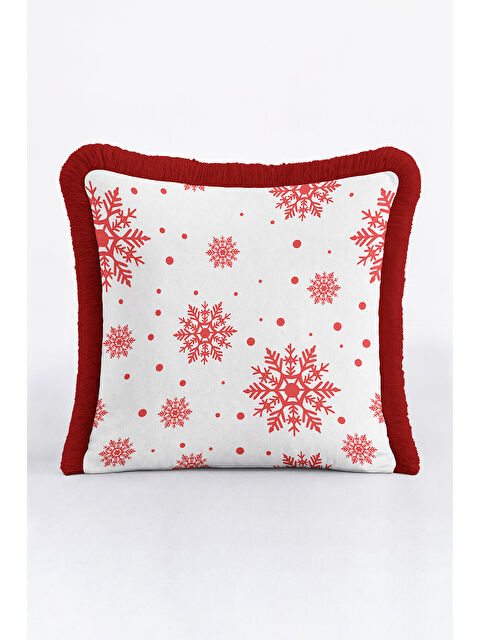 Milbay Grup Kar Tanesi Motif Saçaklı Yastık Kılıfı - Kış Temalı İskandinav Kırmızı Beyaz Püsküllü Kırlent Kılıfı