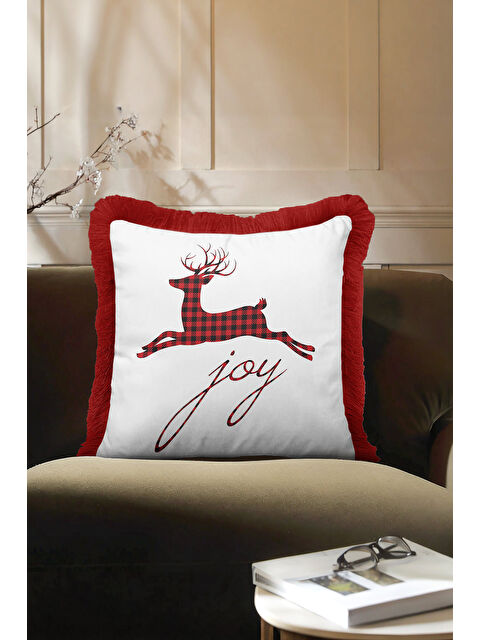 Milbay Grup Ekose Geyikli Saçaklı Yastık Kılıfı - Kış Nostaljik Kırmızı Beyaz Püsküllü Kırlent Kılıfı