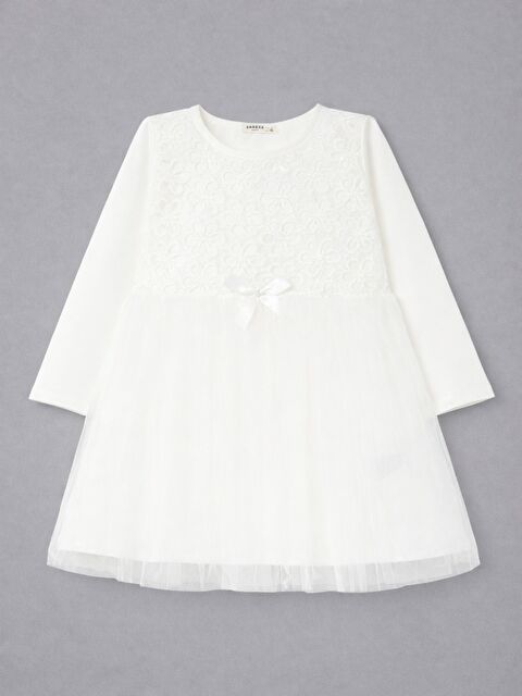 Breeze Kız Çocuk Uzun Kollu Elbise Çiçek Güpür Nakışlı Beyaz (4 Yaş) - S000355958-20063