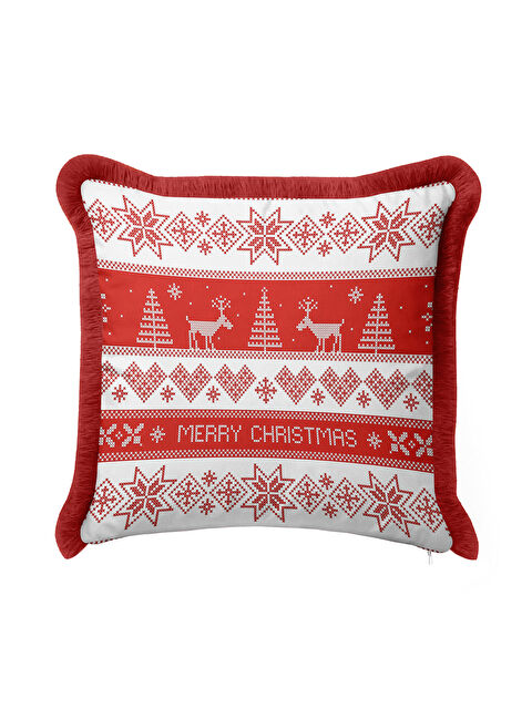 Milbay Grup Yılbaşı Motifli Saçaklı Yastık Kılıfı - Kış Temalı İskandinav Kırmızı Beyaz Püsküllü Kırlent Kılıfı