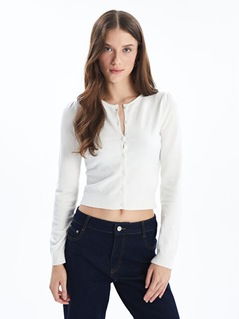 Dexia Kosova   Düğme Detaylı ve Bisiklet Yaka Düz Dar Kalıp Triko Hırka    Beyaz Renk - S000334494-20063