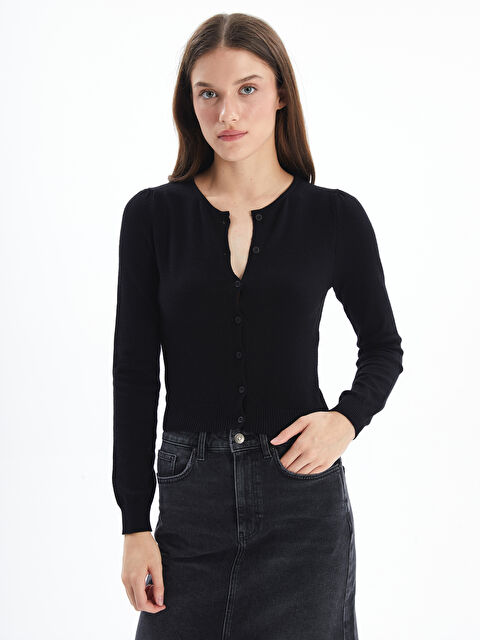 Dexia Kosova   Düğme Detaylı ve Bisiklet Yaka Düz Dar Kalıp Triko Hırka    Siyah Renk - S000334494-19351