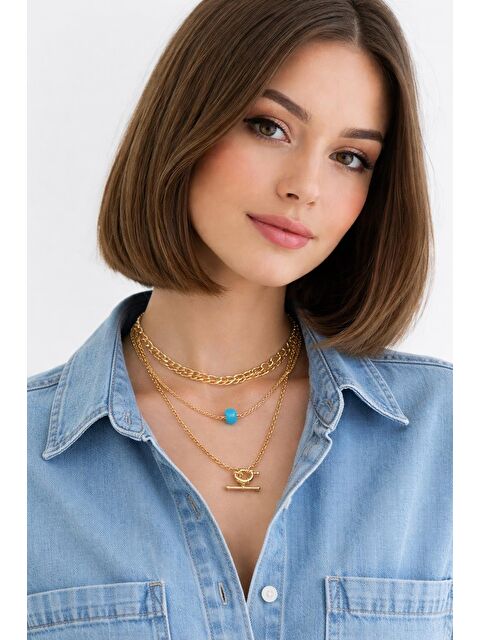 New Obsessions Mavi Nazar Boncuklu Dümen Uçlu Altın Rengi 3 Görünümlü Kadın Kolye - S000177162-37185