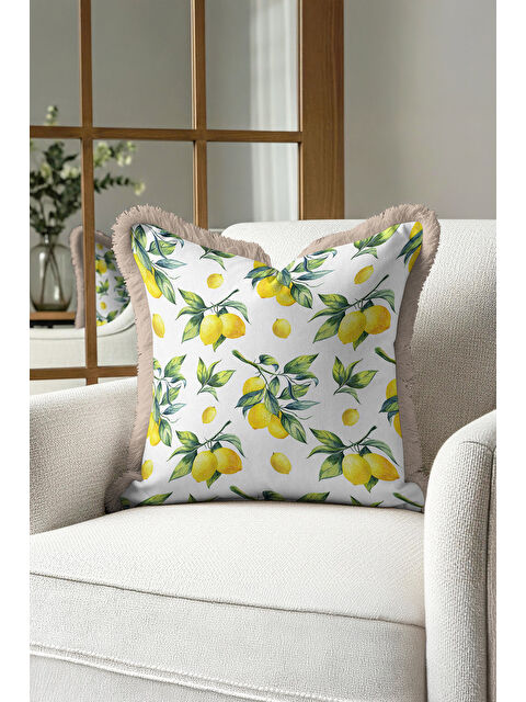 Milbay Grup Limon Bahçesi Saçaklı Yastık Kılıfı - Akdeniz Vintage Rustik Yeşil Sarı Püsküllü Kırlent Kılıfı