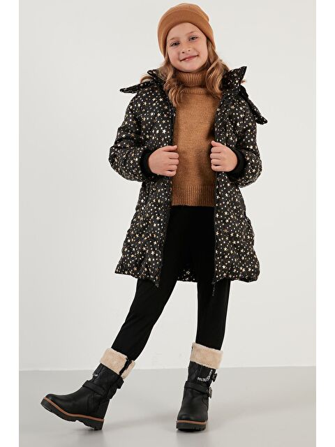 Lela Yakası Suni Kürklü Yıldız Desenli Çıkarılabilir Kapüşonlu Peluş Astarlı Kışlık Mont 5760050 - S000000681-19351