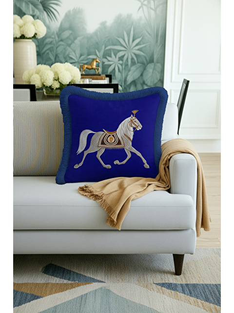 Milbay Grup Asil At Figürlü Saçaklı Yastık Kılıfı - Saray İhtişamı Klasik Mavi Gold Püsküllü Kırlent Kılıfı