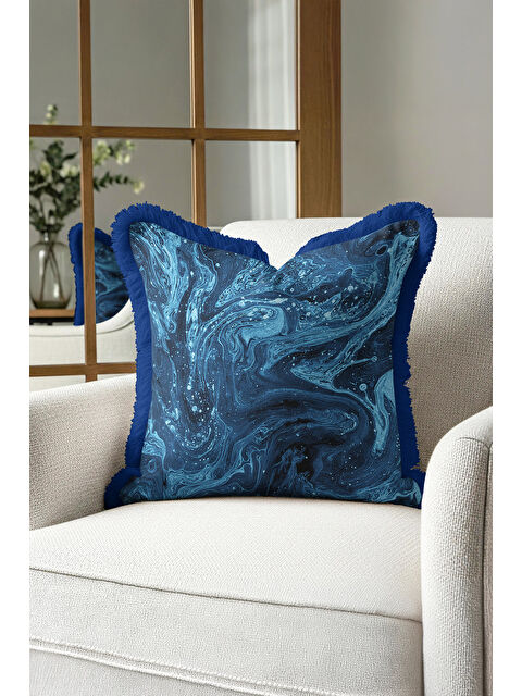 Milbay Grup Mermer Dalga Lüks Saçaklı Yastık Kılıfı - Soyut Modern Mavi Lacivert Püsküllü Kırlent Kılıfı