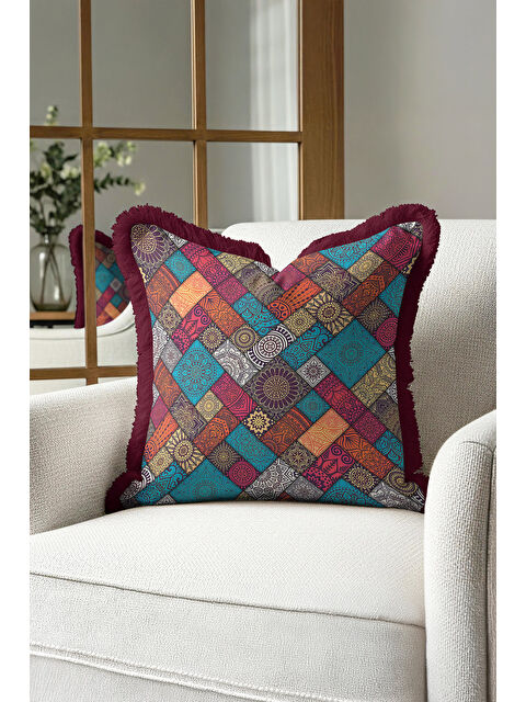 Milbay Grup Etnik Mozaik Saçaklı Yastık Kılıfı - Bohem Çiçekli Turkuaz Bordo Püsküllü Kırlent Kılıfı