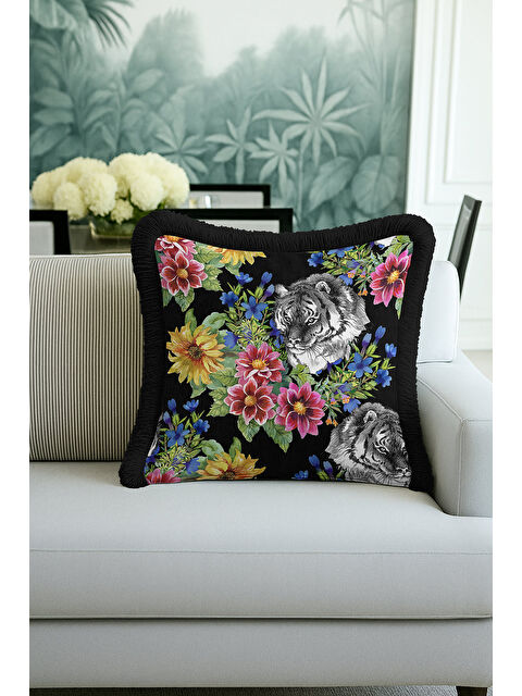 Milbay Grup Lüks Çiçekli Kaplan Motifli Saçaklı Yastık Kılıfı - Egzotik Bohem Siyah Renk Püsküllü Kırlent Kılıfı