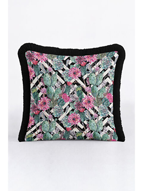Milbay Grup Botanik Çizgili Saçaklı Yastık Kılıfı - Tropikal Bohem Siyah Fuşya Püsküllü Kırlent Kılıfı
