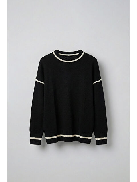 Abluka Online Erkek Oversize Yuvarlak Yaka Kontrast Detaylı Kazak Siyah - S000494255-19351