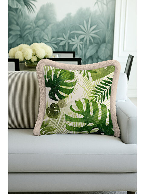 Milbay Grup Tropikal Yapraklı Saçaklı Yastık Kılıfı - Doğal Yeşil Bohem Bej Püsküllü Kırlent Kılıfı