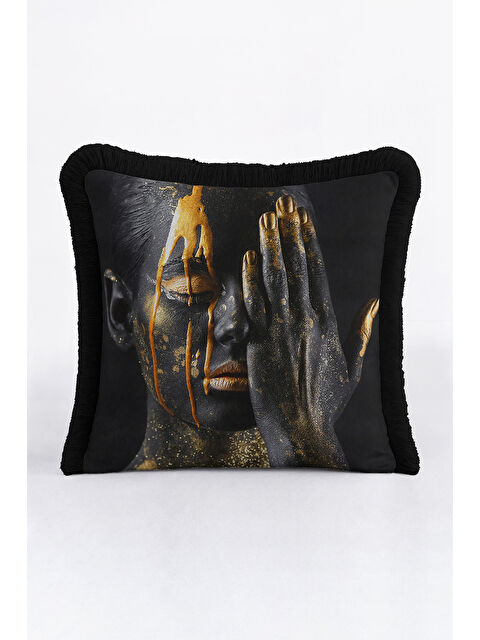 Milbay Grup Sanatsal Siyah Altın Renkli Saçaklı Yastık Kılıfı - Artistik Afro Modern Püsküllü Kırlent Kılıfı
