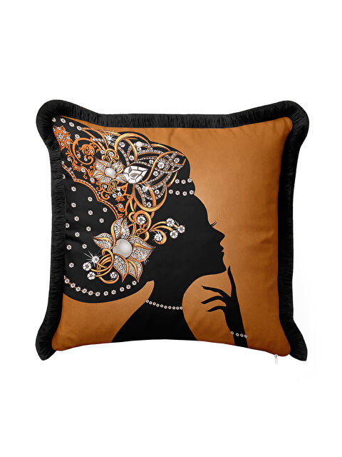 Milbay Grup Zarif Vintage Siluet Saçaklı Yastık Kılıfı - Lüks Art Deco Bohem Altın Renk Püsküllü Kırlent Kılıfı