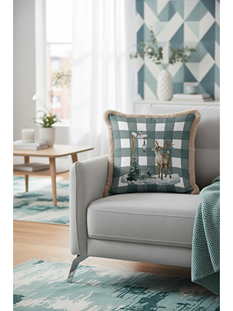 Milbay Grup Rustik Kış Manzaralı Saçaklı Yastık Kılıfı - Doğal Nordic Gri Kare Çizgili Püsküllü Kırlent Kılıfı