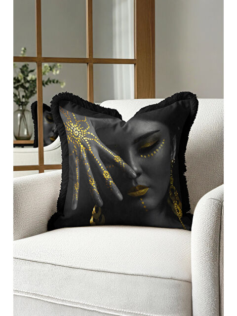 Milbay Grup Lüks Altın Renk Yüz Motifli Saçaklı Yastık Kılıfı - Etnik Siyah Modern Gold Püsküllü Kırlent Kılıfı