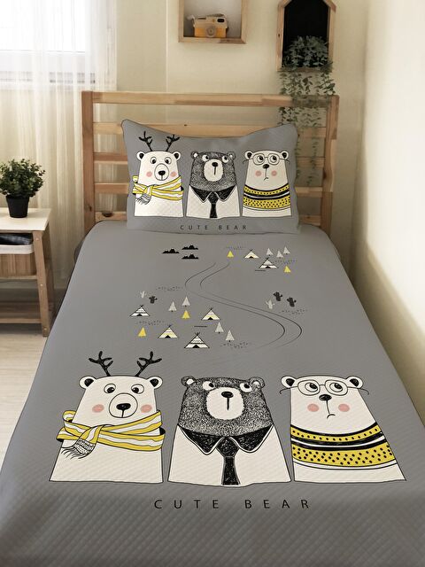 Evmila Gri  Üç Ayı Yol Desen Tek Kişilik Çocuk Pike Takımı - S000020182-23173