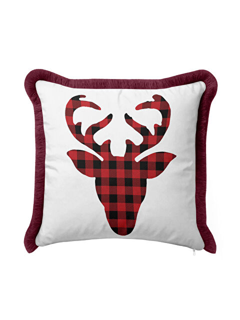 Milbay Grup Vintage Ekose Geyik Saçaklı Yastık Kılıfı - Rustik Kırmızı Beyaz Püsküllü Kırlent Kılıfı
