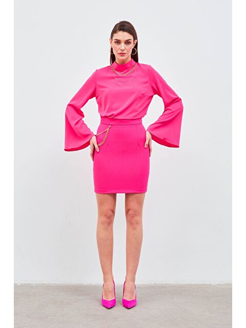 SATEEN Zincir Aksesuarlı Mini Etek - Fuşya - S000324052-18686