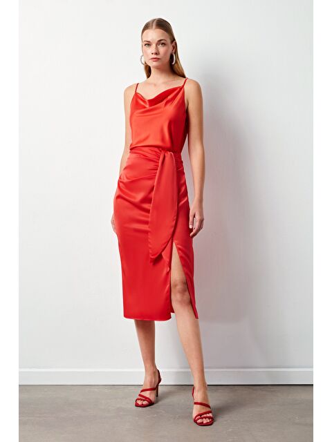 SATEEN Bağlamalı Saten Etek - Mercan - S000324090-19963