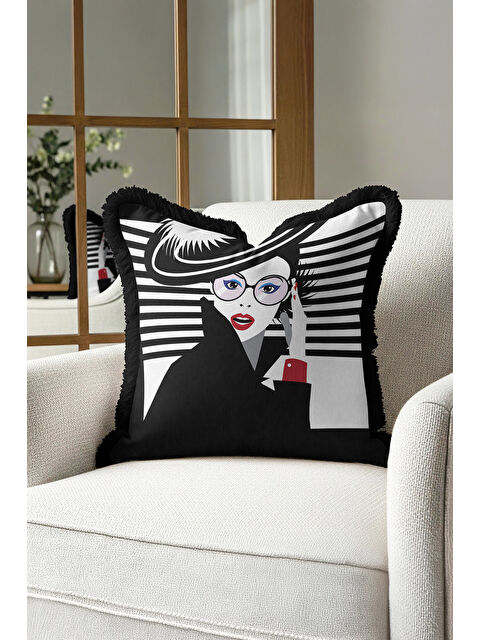 Milbay Grup Portre Sanatı Saçaklı Yastık Kılıfı - Minimalist Modern Siyah Beyaz Püsküllü Kırlent Kılıfı