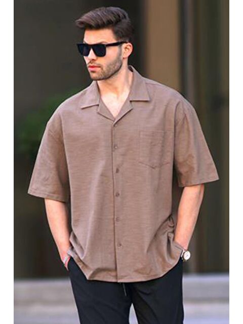 Madmext Kahverengi Kısa Kollu Oversize Erkek %100 Pamuk Gömlek 6737 - S000161324-19413