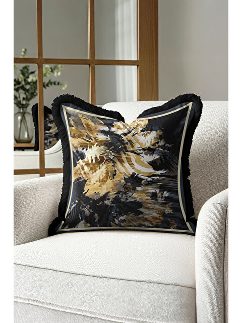 Milbay Grup Lüks Altın Renkli Saçaklı Yastık Kılıfı - Dinamik Modern Siyah Altın Püsküllü Kırlent Kılıfı
