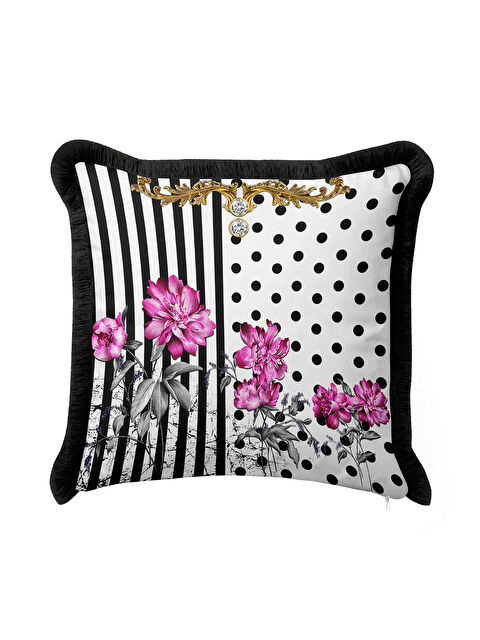 Milbay Grup Barok Çizgi Çiçekli Saçaklı Yastık Kılıfı - Lüks Glam Retro Siyah Fuşya Püsküllü Kırlent Kılıfı