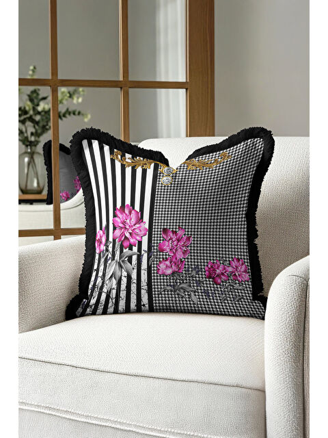 Milbay Grup Barok Çiçekli Saçaklı Yastık Kılıfı - Lüks Modern Siyah Beyaz Altın Renkli Püsküllü Kırlent Kılıfı