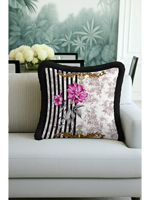 Milbay Grup Barok Çiçekli Altın Renkli Saçaklı Yastık Kılıfı - Lüks Vintage Bohem Siyah Püsküllü Kırlent Kılıfı