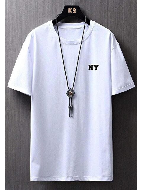 Trendseninle Beyaz NY Baskılı Oversize Erkek Kısa Kollu Tişört - S000175838-20063