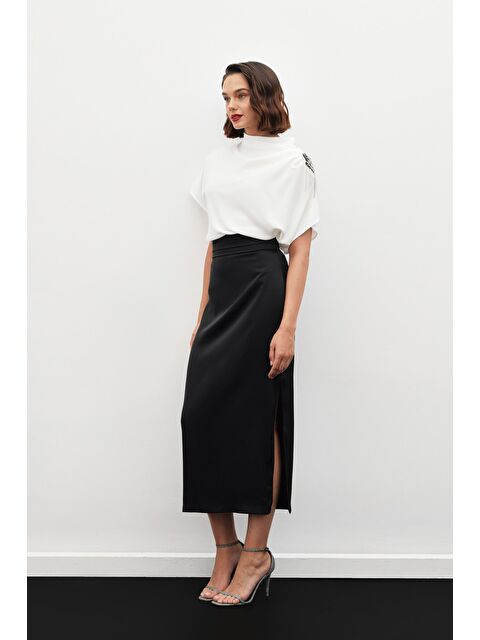 SATEEN Bel Pile Detaylı Saten Etek - Siyah - S000324038-19351