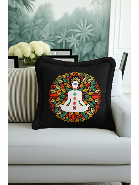Milbay Grup Spiritüel Yoga Lotus Saçaklı Yastık Kılıfı - Meditasyon Bohem Çok Renkli Püsküllü Kırlent Kılıfı