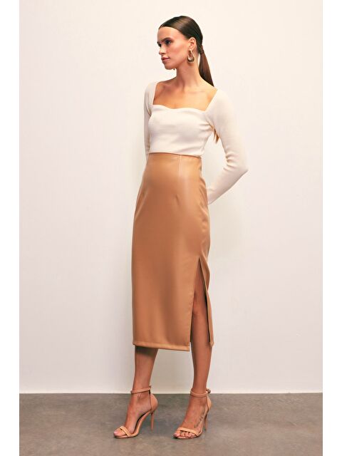 SATEEN Yan Yırtmaçlı Deri Etek - Camel - S000324072-4557