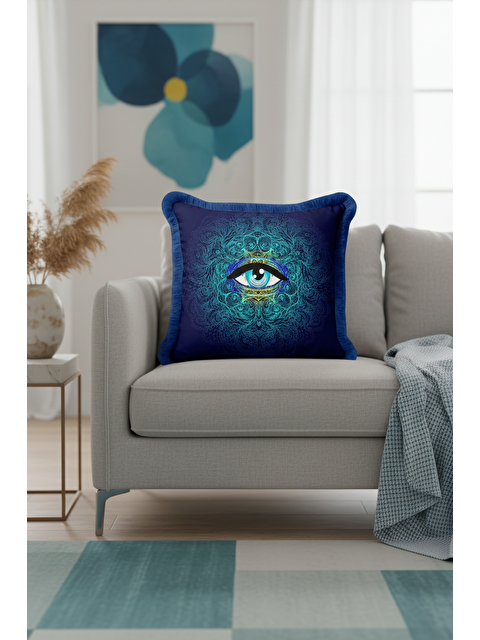 Milbay Grup Lüks Mistik Göz Saçaklı Yastık Kılıfı - Spiritüel Bohem Mavi Sarı Püsküllü Kırlent Kılıfı