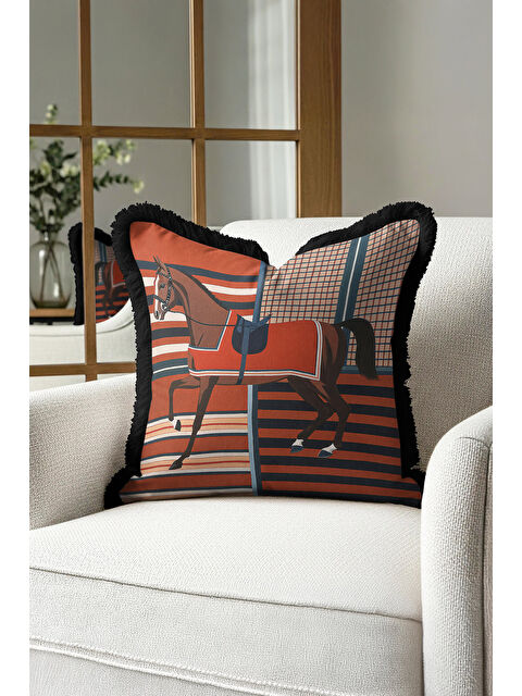 Milbay Grup Zarif At Figür Saçaklı Yastık Kılıfı - Binicilik Tema Klasik Kiremit Lacivert Püsküllü Kırlent Kılıf