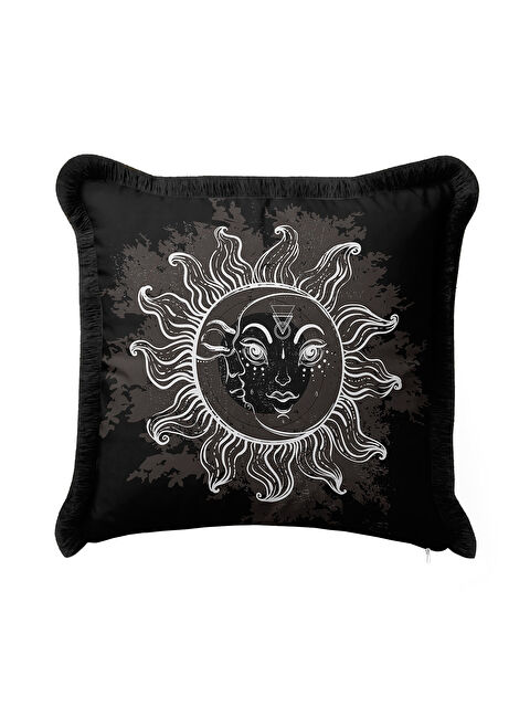 Milbay Grup Mistisizmin Işıltısı Saçaklı Yastık Kılıfı - Güneş Ay Motifli Bohem Siyah Püsküllü Kırlent Kılıfı