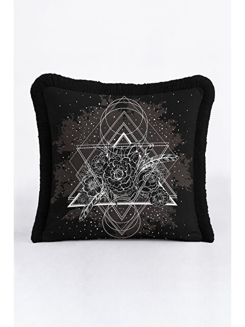 Milbay Grup Geometrik Çizgi Sanatı Saçaklı Yastık Kılıfı - Siyah Bohem Çiçekli Gri Püsküllü Kırlent Kılıfı