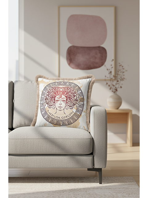 Milbay Grup Mitolojik Medusa Gorgon Saçaklı Yastık Kılıfı - Antik Yunan Bohem Bej Gold Püsküllü Kırlent Kılıfı