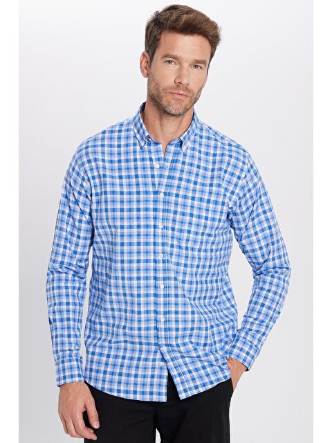 TUDORS Erkek Regular Fit Klasik Kesim Pamuklu Kareli Düğmeli Yaka Gömlek - S000268648-23173