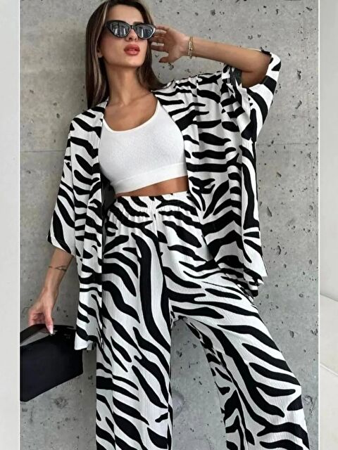 Trendseninle Kadın Rahat Kesim Kimono Siyah Beyaz Alt Uzun Pantolon Üst Yazlık Takım - S000365994-20063