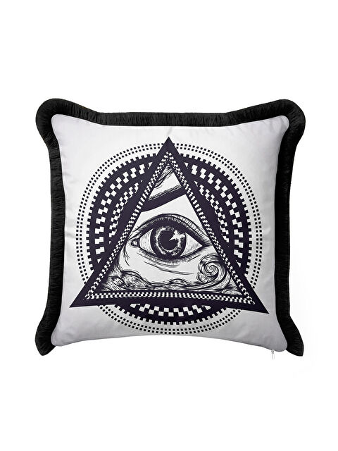 Milbay Grup Mistik Üçgen Göz Saçaklı Yastık Kılıfı - Kozmik Geometrik Modern Siyah Beyaz Püsküllü Kırlent Kılıfı