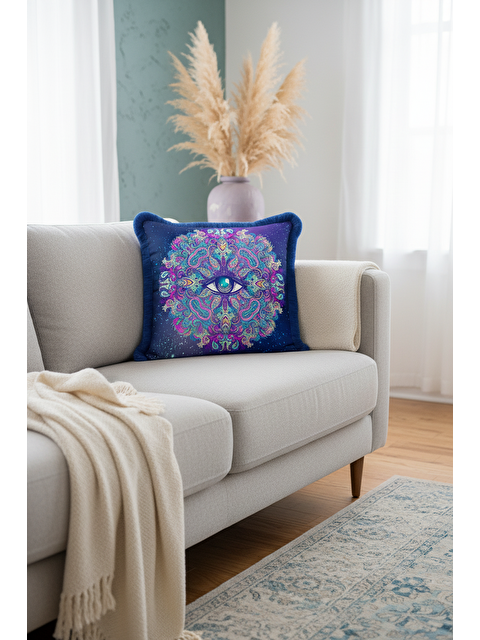 Milbay Grup Mistik Mandala Saçaklı Yastık Kılıfı - Kozmik Bohem Lacivert Püsküllü Kırlent Kılıfı