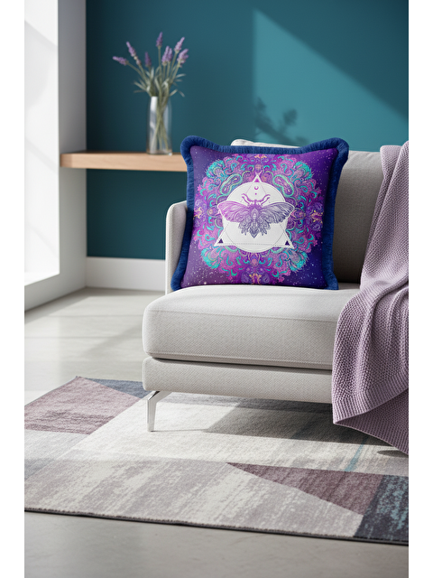 Milbay Grup Mistik Mandala Saçaklı Yastık Kılıfı - Efsunlu Bohem Mor Lacivert Püsküllü Kırlent Kılıfı