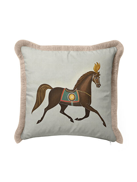Milbay Grup Zarif At Figürlü Saçaklı Yastık Kılıfı - Klasik Temalı Bej Kahverengi Püsküllü Kırlent Kılıfı